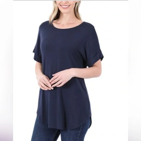 NWOT Zenana Navy Crewneck Roll-Sleeve Curved-Hem Tunic Tee - Picture 1 of 9